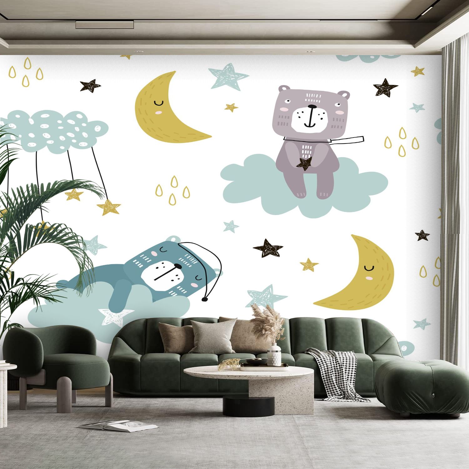 Peel and Stick Canvas Wallpaper Wall Mural Seamless childish pattern cute bears clouds moon stars Creative Wall Art Self Adhesive and Removable 100in x 144in